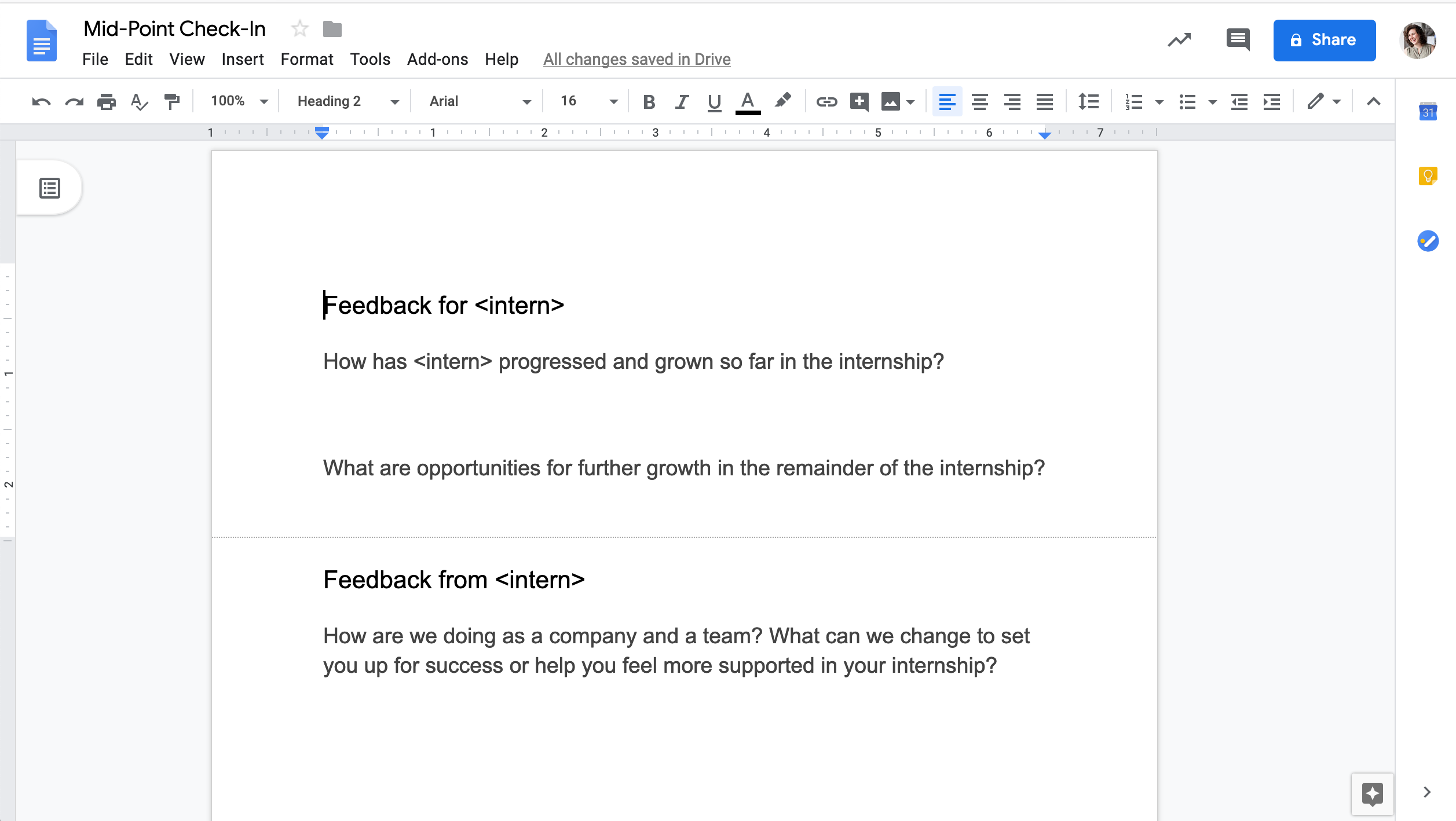 Screenshot of a Google doc with a template for mid-point feedback