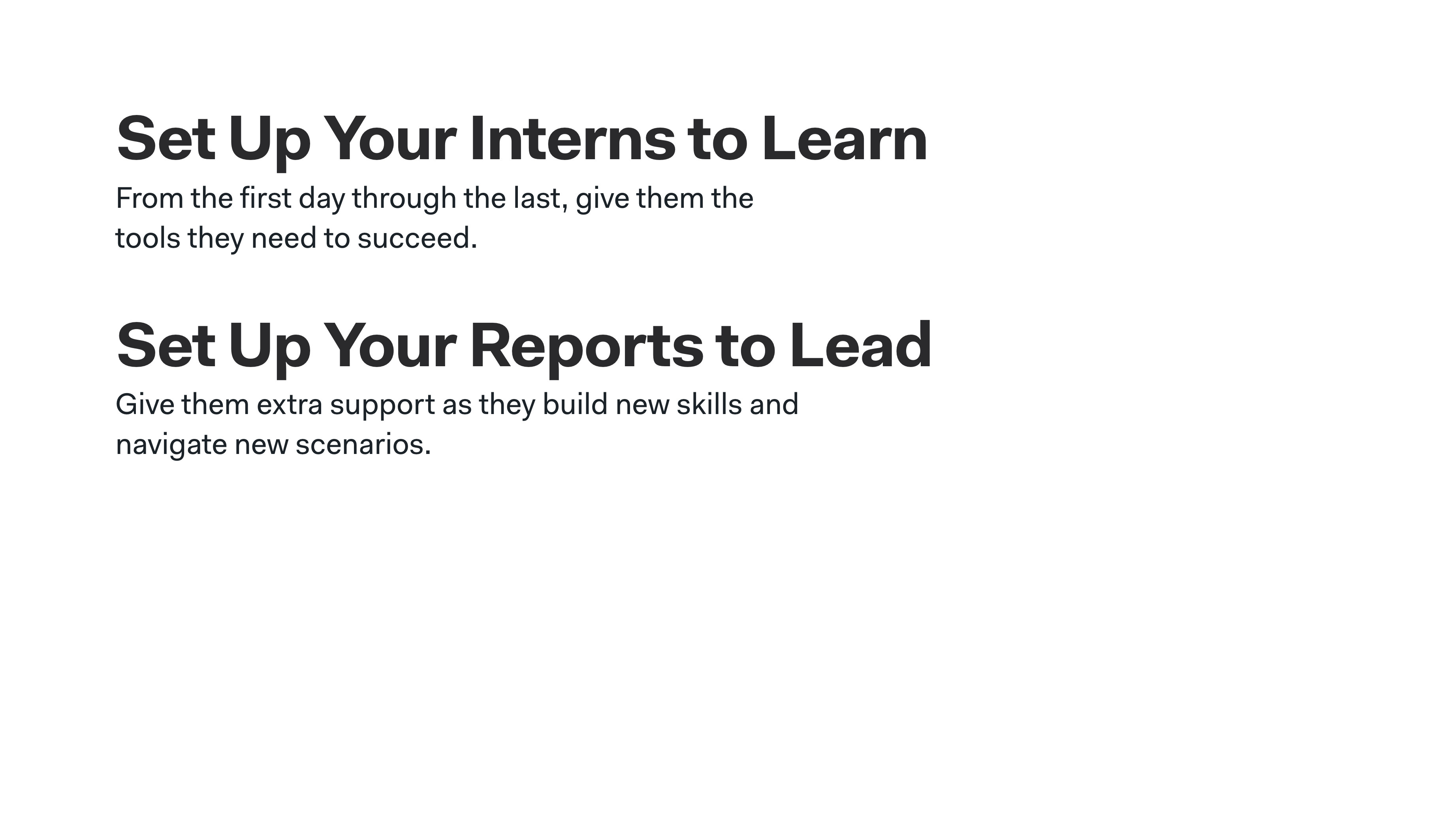Slide with two bold phrases: Set Up Your Interns to Learn and Set Up Your Reports to Lead