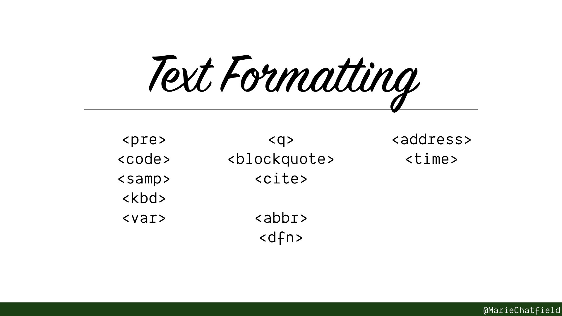 Slide of Text Formatting with HTML elements listed